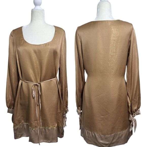 Hale Bob Women's Gold Long Sleeve Silk Blend Party Cocktail Resort Mini Dress L - Picture 1 of 8